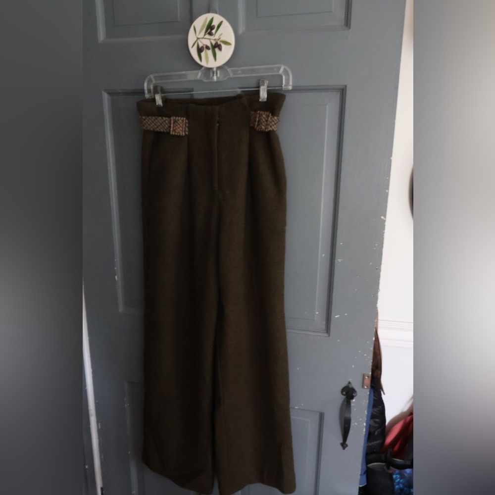 Dark Olive High-Waisted Pants with Patterned Belt